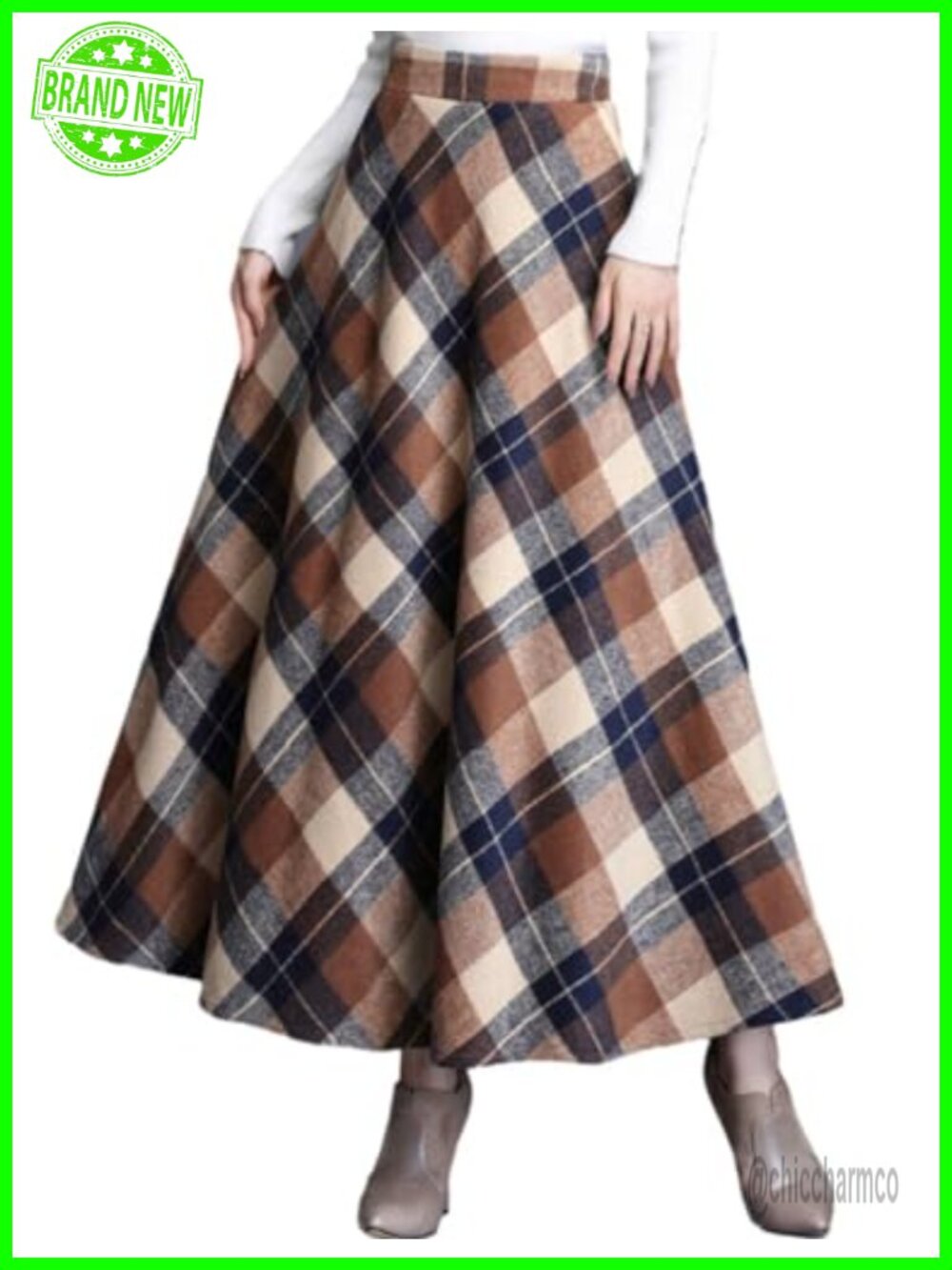 Wool Blend Plaid A-Line Maxi Skirt High Waist Elastic Pleated Winter